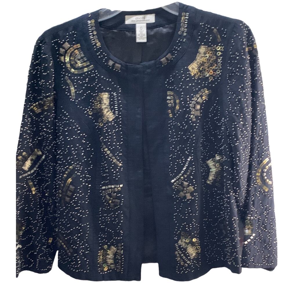 Chico’s Gold Black Lined Bead and Sequin Jacket Blazer Size 0 Medium